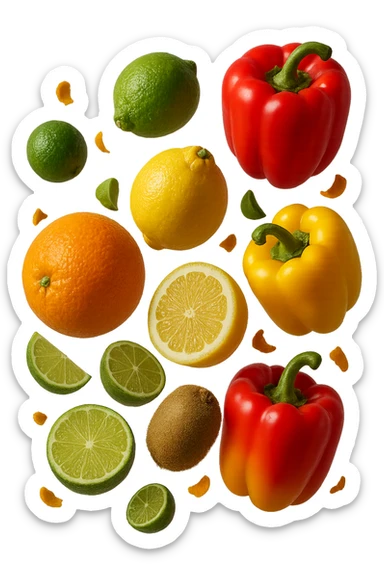 agrumi, kiwi, peperoni fluttuano in aria insieme a piccoli pezzi di colon in 3d, iperrealistici 4k sticker