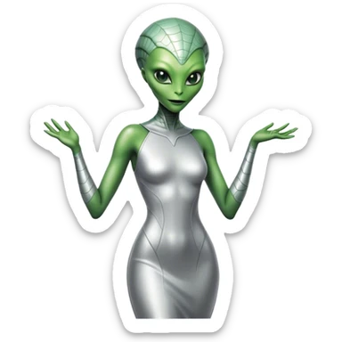alien reptilian woman in silver dress, green eyes sticker