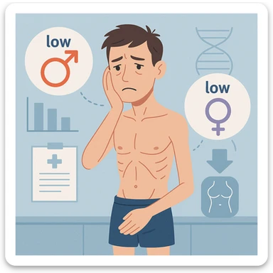 Uomo con squilibri ormonali a causa dei grassi bassi nel corpo e ha testosterone ed estrogeni bassi, in italiano sticker
