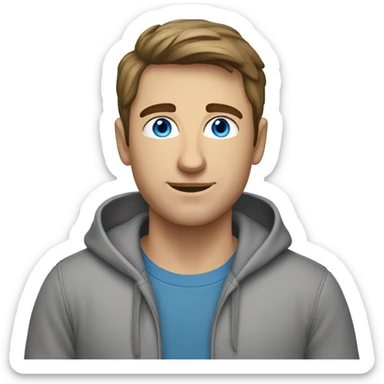 A caucasian man with short brown hair wearing a grey hoodie with blue eyes sticker