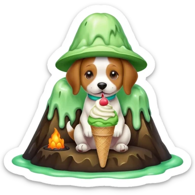 a dog with a hat and ice cream in green colour and sitting in a volcano sticker