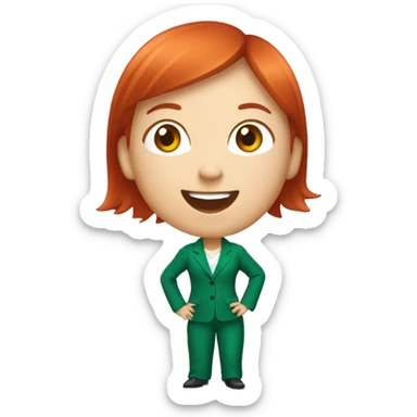 a girl with red hair, wearing an emerald pantsuit, ((cheerful, laughing)), surrounded by a white outline, on a transparent background sticker