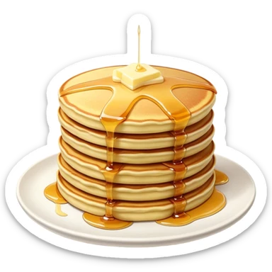 Cinematic fluffy golden pancakes, stacked high, drizzled with maple syrup, topped with fresh butter melting on top, light dusting of powdered sugar, warm and inviting, soft glow and mouthwatering. sticker