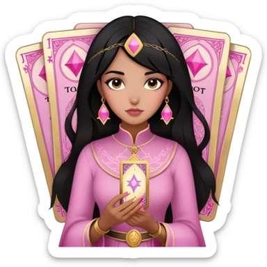 black hair girl with pink pink tarot gold cards sticker