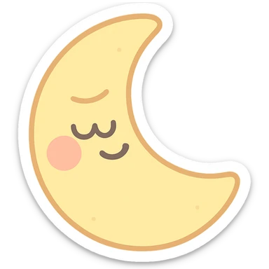 adorable pastel yellow crescent moon, sleepy expression, gentle smile, blushing cheeks, no arms or legs, full body, soft pastel kawaii style sticker