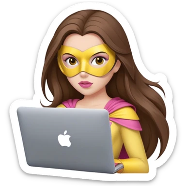 European girl long brown hair. brown eyes, blush pink lips, with mask of superhero with MacBook European girl long brown hair. brown eyes, blush pink lips, with yellow  mask of superhero with MacBook sticker