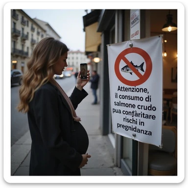 realistic pregnant woman in 4K taking a photo with a cellphone of a sign that says: 'Attenzione, il consumo di salmone crudo puo comportare rischi in gravidanza' sticker