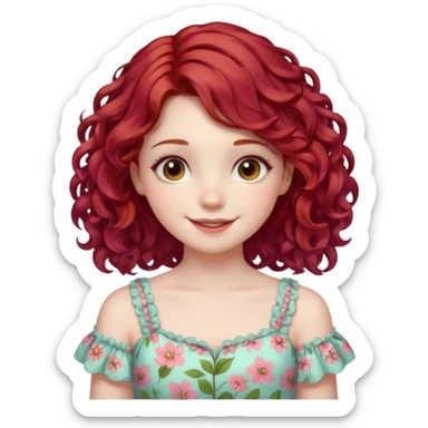 girl with shoulder length curly cherry red hair with brown eyes and pale skin smiling. pastel dress sticker