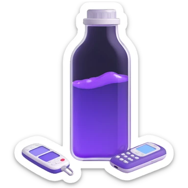 3D style transparent bottle with floating purple elixir inside and a Nokia 3310 style phone, very realistic, no text sticker