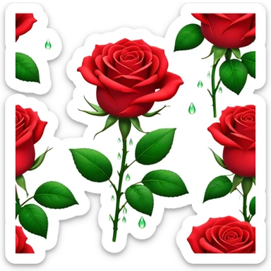 Cinematic Realistic Rose Emoji, Elegant and full of grace, with velvety, deep red petals unfurling in a perfect bloom, dew drops glistening on the soft edges, and a faint fragrance hanging in the air. The lush green leaves surround the stem, creating a vibrant contrast to the rich color of the petals. Soft glowing outline, capturing the essence of timeless beauty and romance in a single bloom. sticker