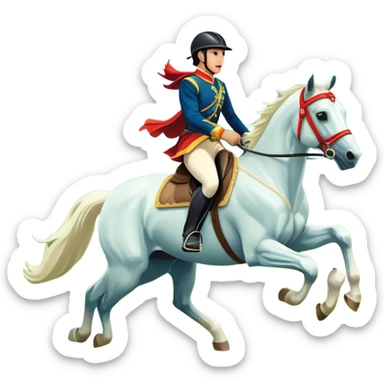An icon showcasing a majestic horse and rider in full gallop across a lush green field. The background features a clear sky, distant mountains, and a vibrant landscape. The rider wears traditional gear, while the horse leaps with grace and power. Transparent background sticker