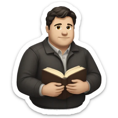 create an emoji of a chubby, dark-haired, white man holding a book sticker