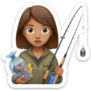 girl fishing, caught trash bag on rod sticker