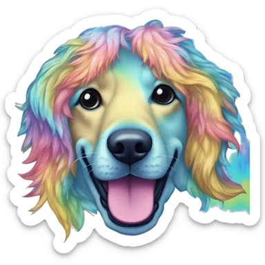 Multicolored rainbow retro groovy tie dye hippie trippy floral patterns on a metallic holographic iridescent blue dog face head unicorn sticker
