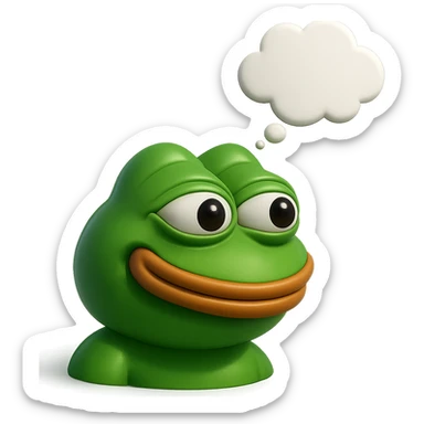 make a pepe in bright green smiling with thought bubble looking at right right in 3d style, good highlights and shadows, drop shadows sticker