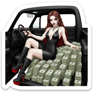 Lilith red eye seductress evil long brown haired sexy succubus woman with leather long seductive dress on, sitting in Big Large F350 pickup truck. Wearing super tall black platform high heels, Back seat full of stacks of cash, she is  Holding a human skull of her enemies and a gun in other hand sticker