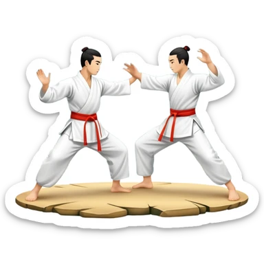 Two martial artists in traditional Wushu attire, performing elegant, fluid moves. The background shows a peaceful, scenic landscape with mountains and bamboo trees, symbolizing the balance of power and grace in Wushu.  sticker