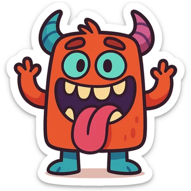 funny monster with exaggerated teeth and tongue, vibrant colors, bold lines, cute style sticker