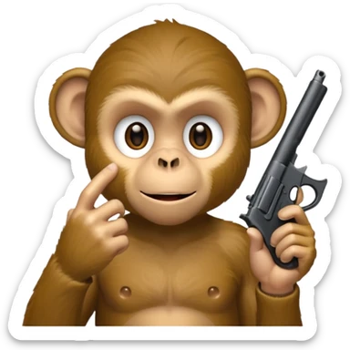 “A monkey covering his mouth with one hand and holding a gun to his head with the other hand.” sticker