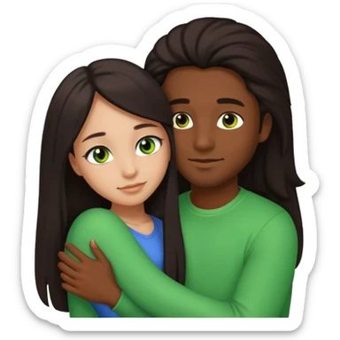 black guy with brown eyes and a girl with long dark hair, green eyes, and light skin in a side hug, emoji style sticker