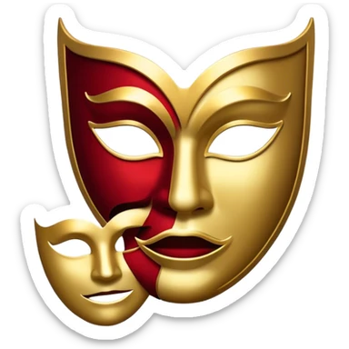 Create a bold and dramatic emoji representing the art of playwriting. The design should feature an open script or a theater playbook, with stylized text lines or dramatic dialogue inside. Include elements like a theatrical mask (comedy or tragedy), a stage spotlight, or a quill to symbolize creativity and performance. Use deep, contrasting colors like red, black, and gold to evoke the intensity and passion of drama. The overall design should feel dramatic, inspiring, and artistic. Make the background transparent. sticker