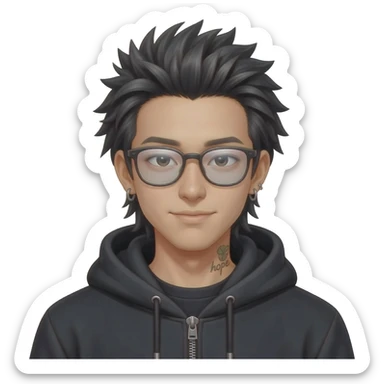 japan boy with spiky long hair and black hoodie zip one-sided earrings tattoo with the word "hope". cool face wear glasses sticker