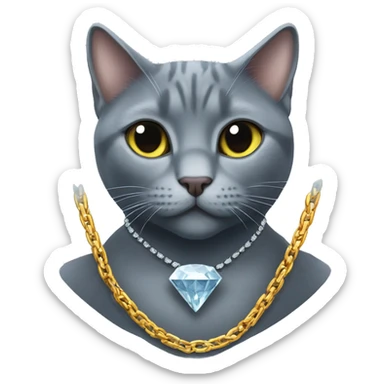 Plump Russian blue cat wearing a diamond chain driving a Lamborghini  sticker
