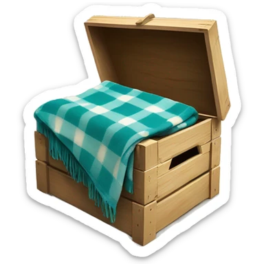 PRealistic isolated teal and cream color plaid blanket draped across wooden crate box with matching book on top of blanket. sticker