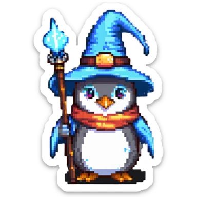 penguin wizard with a pointy hat and magic staff sticker