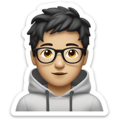 young boy with korean style black hair / grey hoody / white glasses / white glasses sticker