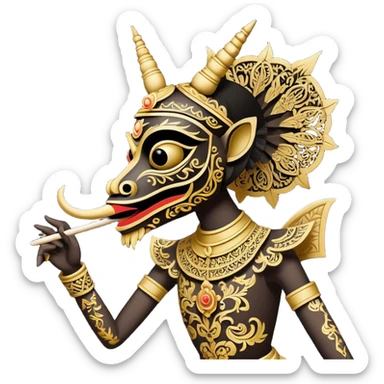 Wayang – Cinematic Realistic Wayang, depicted as intricately carved traditional Indonesian shadow puppets with expressive features and vibrant cultural motifs, set against a dark, dramatic backdrop with subtle glowing highlights that evoke the mystical art of shadow play. sticker