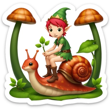 tiny forest elf with red hair riding snail sticker
