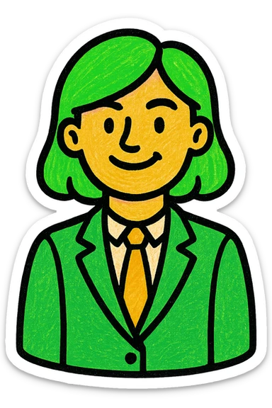 woman in suit, modern look, green gold and white color scheme, rounded shapes, simple design sticker