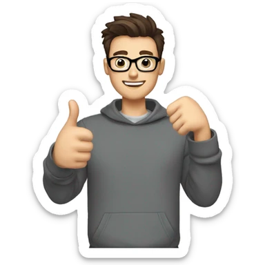 a man with short brown hair, quiff, beard and black round glasses, dark brown eyes, wearing a gray sweatshirt and a professional camera, giving a thumbs up sticker