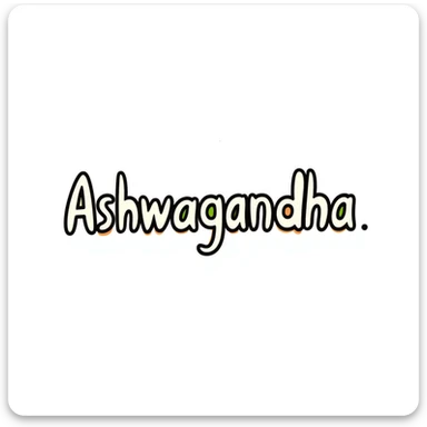 The word "Ashwagandha" hand-drawn in white/cream colored text with just a few green and orange accents. Simple doodle style. sticker