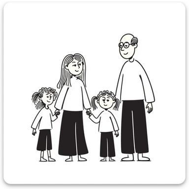 a caucasian family with a bald man, a blonde woman, two blonde girls and one blonde boy, hand drawn doodle style sticker