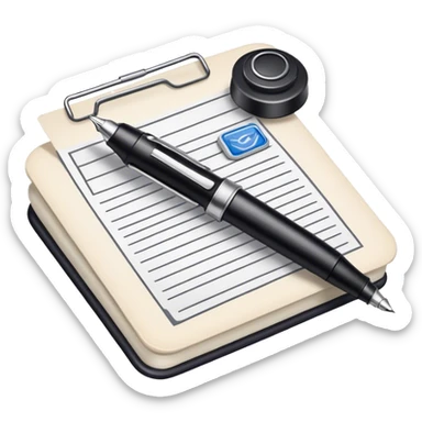 Create an emoji representing journalism and publicistic writing. The design should feature an open newspaper or a stack of articles with visible text columns, symbolizing opinion pieces and analysis. A classic fountain pen or ballpoint pen should be placed near the papers, indicating the act of writing. Optionally, include a small microphone or a press badge to emphasize investigative and journalistic aspects. Use neutral and professional colors like black, white, and muted blue or red. Do not include any emojis or smiley faces. Make the background transparent. sticker