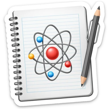 open notebook with an atom symbol on the page sticker