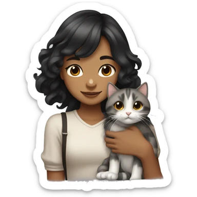 TAN SKIN GIRL with long black wavy hair and bangs HUGGING HER LIGHT BROWN, GRAY, and WHITE CALICO CAT  sticker