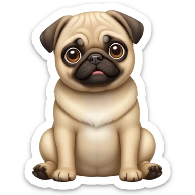 detailed-[cute pug]-realistic-full-body-sitting-emoji,-tail-resting-loosely-beside-its-paws,-head-tilted-dramatically, -sleek-fur,-simplified-yet-realistic-focused-features,-highly-detailed,-glowing-with-an-almost-sarcastic-glow sticker