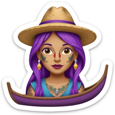 tattoed face venice gondolier with iconic hat woman purple long hair sticker