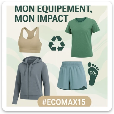 vertical mobile story visual for Decathlon, modern interface, slogan 'Mon équipement, mon impact' at the top, selection of eco-responsible sports clothing with realistic photos, pictograms of recycling and carbon footprint, highlight #Ecomax15, natural palette (soft greens, beige, white, light blue), dynamic universe sticker