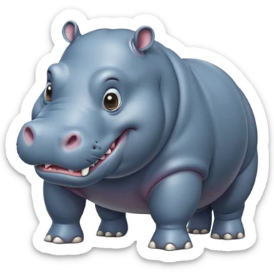 cinematic-hippo-realistic-full-body-side-view-standing-on-all-fours-emoji,-massive-round-frame,-wide-mouthed-grin-exposing-huge-teeth,-head-tilted-dramatically,-thick-greyish blue-hide-glossy, big cute eyes sticker
