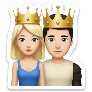 Prince with crown, black hair, body, legst, blue eyes, woman blonde hair, green eyes, sexy white short sleveless dress,  sticker