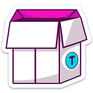 Minimalist sticker with white 'tt' letters on a black circle with cyan, magenta, and yellow dots below, shipping box with street style influence sticker