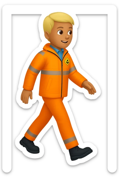 Create a full-body person walking, wearing a high-visibility jacket, no hard hat, in the style of apple emojis, with no background (transparent). sticker