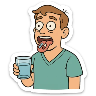 A male patient facing the front with his tongue out about to swallow two pills and holding a glass of water sticker