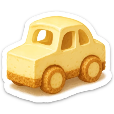 a small car made from New York cheesecake, wheels and body look like creamy cheesecake with a graham cracker crust, whimsical and appetizing, dessert-themed, cute and playful sticker