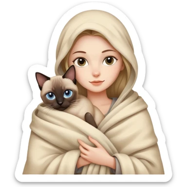A beautiful Caucasian girl wrapped in a blanket holding a Siamese cat sticker