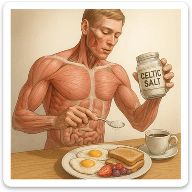 medical-style, realistic illustration of a human body eating Celtic salt from a clearly labeled jar, with breakfast items on the table, focus on anatomy and realism sticker